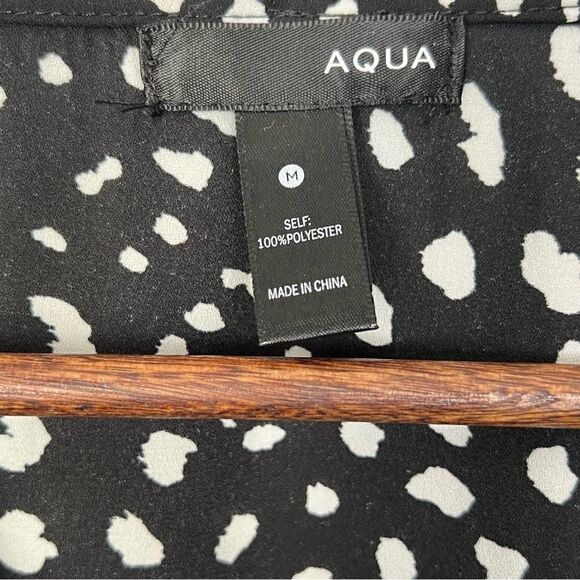 Aqua Black White Dot Shirred Elastic Sleeve Cuff V-Neck Ruffle Blouse - Picture 5 of 7